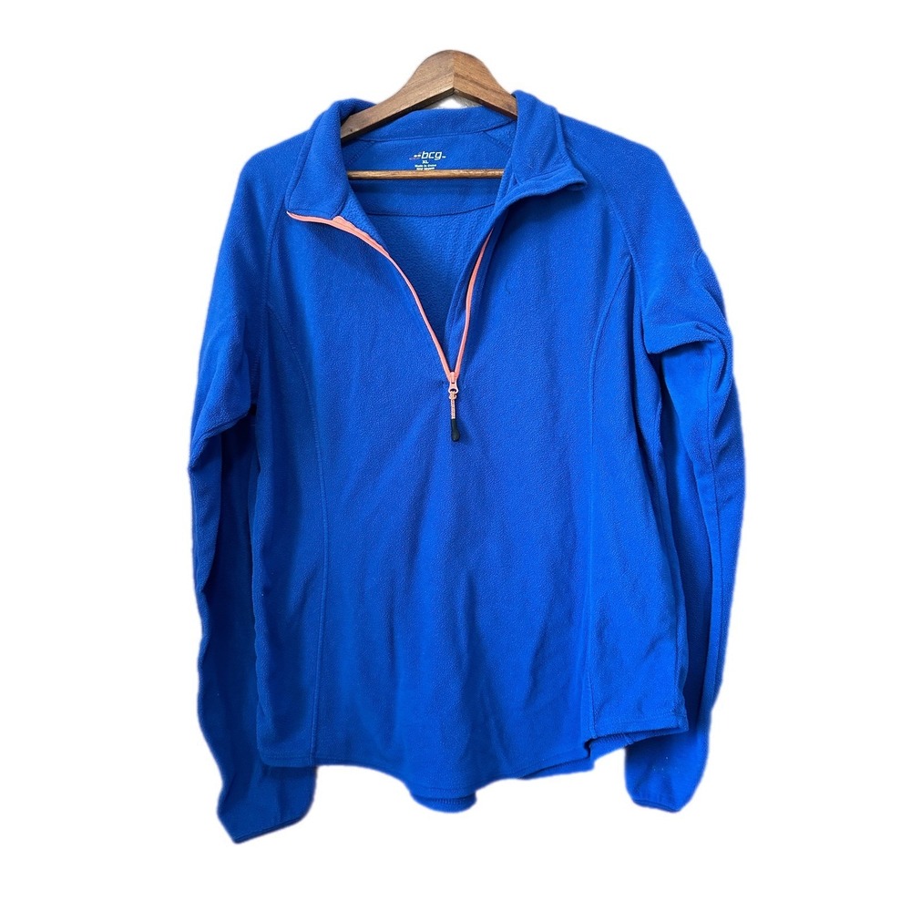 BCG Fleece Pullover Women XL Blue Orange Trim Excellent Quarter Zip Active Top